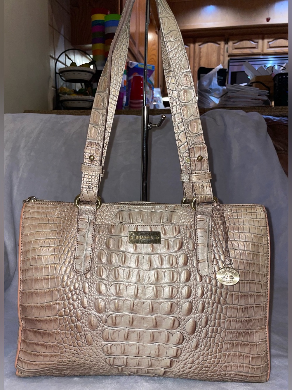 Brahmin Taupe Croc-Embossed Leather Shoulder Bag - Picture 2 of 14